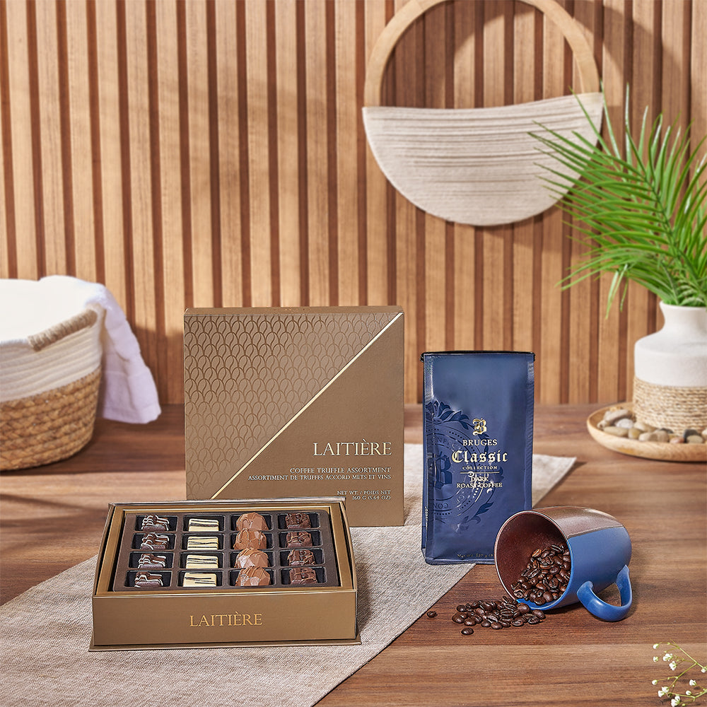 The Rich Coffee & Truffle Gift Set from Vancouver Baskets is perfect for a long coffee break with someone special, Vancouver delivery
