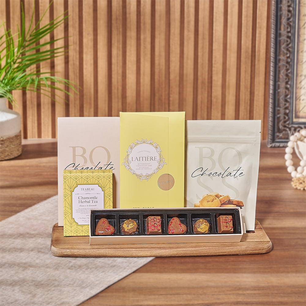Chocolate and Tea Assortment Gift Basket – how the gift is presented