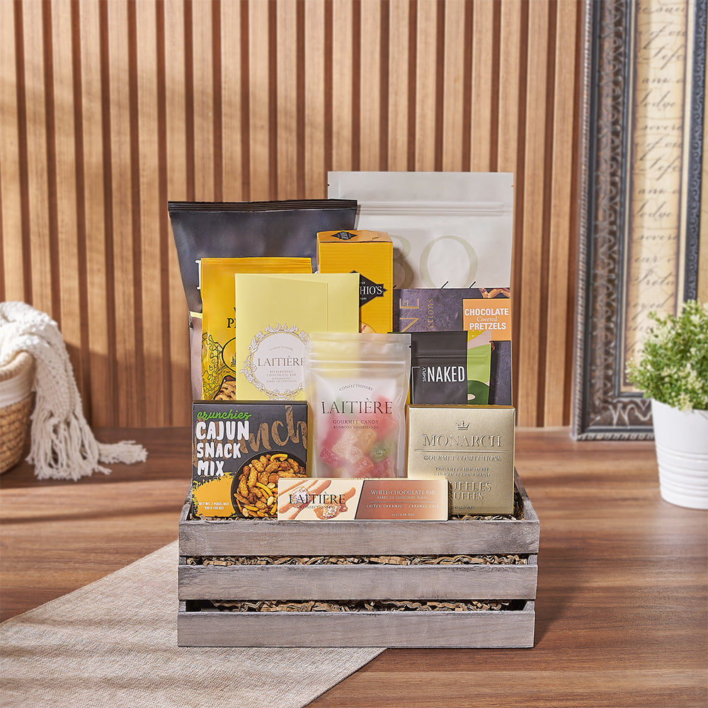 Gourmet Snack Basket in Grey Crate – how the gift is presented