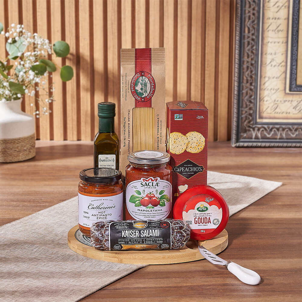 Antipasto and Cheese Board Gift Basket – how the gift is presented
