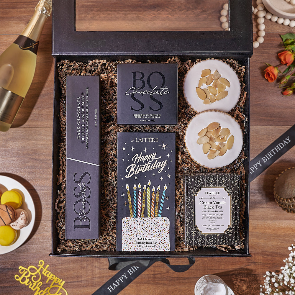 Birthday Bash Gourmet Dessert Gift Box with Dark Chocolate – how the gift is presented