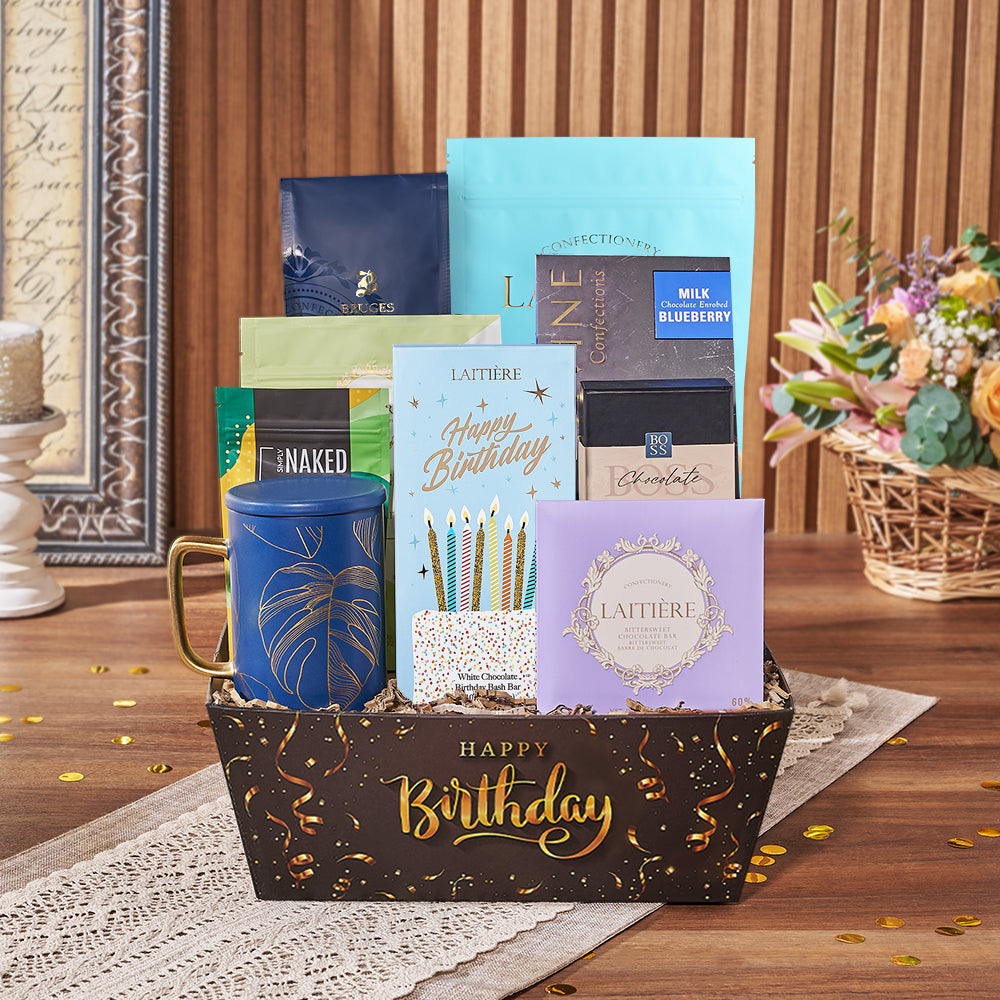 Deluxe White Chocolate and Coffee Birthday Gift Basket – how the gift is presented