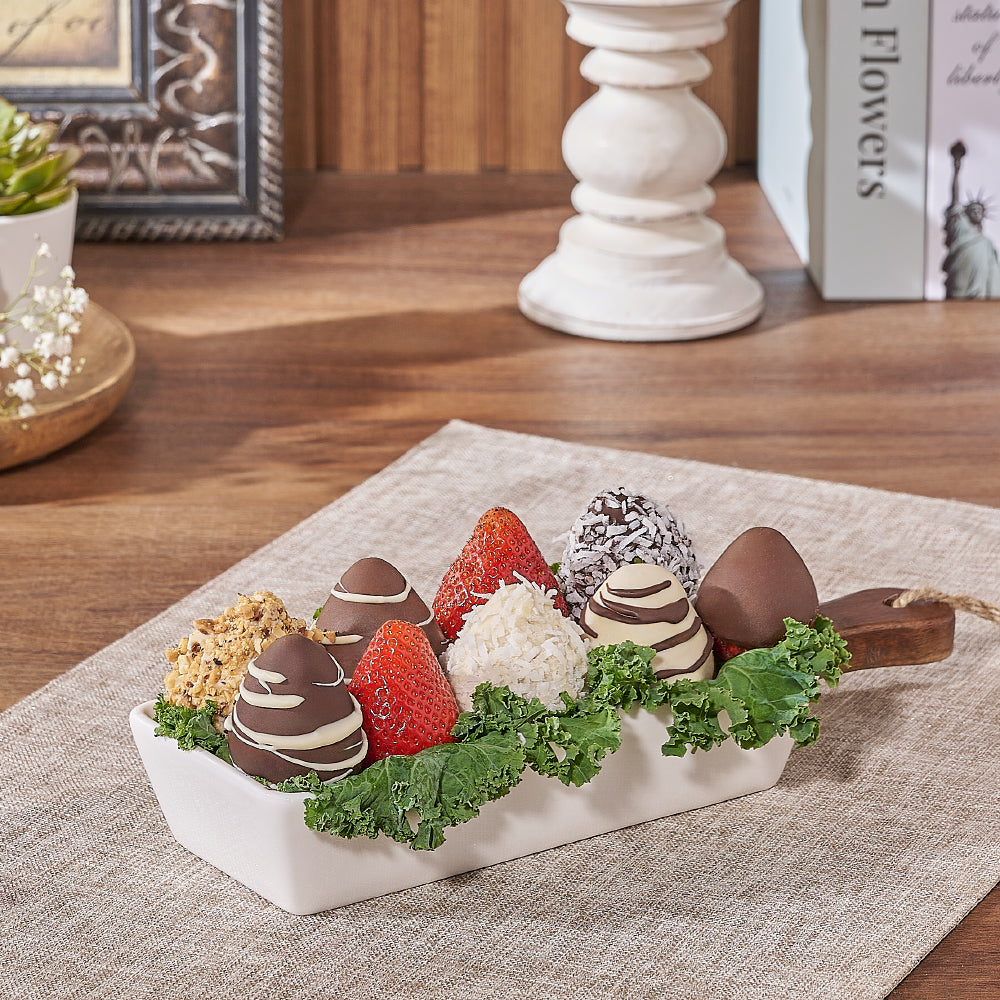 Gourmet Chocolate Dipped Strawberries Gift Box in Classic Ceramic Dish – how the gift is presented