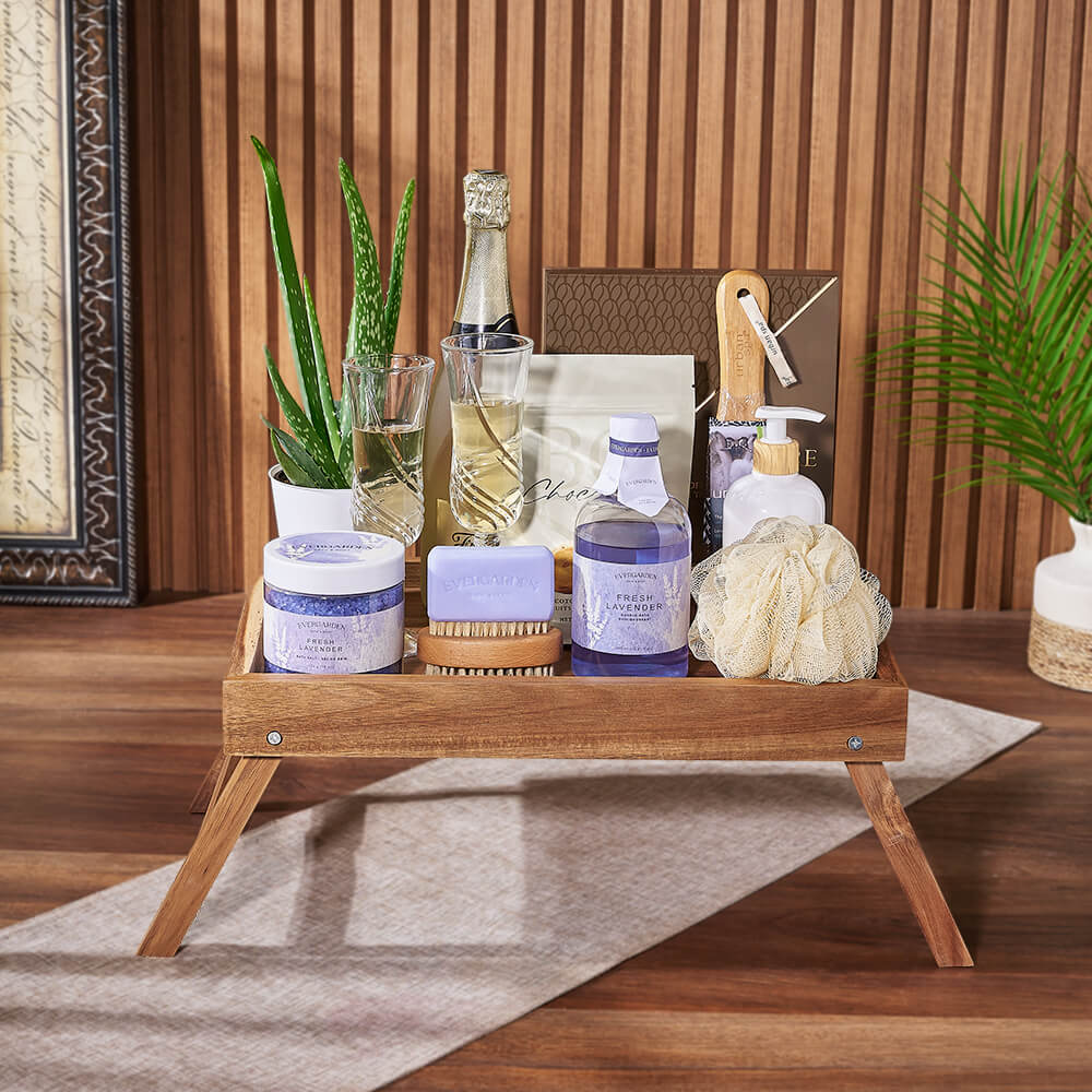 Bubbles & Bites Celebratory Spa Gift Basket, sparkling wine gift, sparkling wine, champagne gift, champagne, spa gift, spa, Vancouver delivery