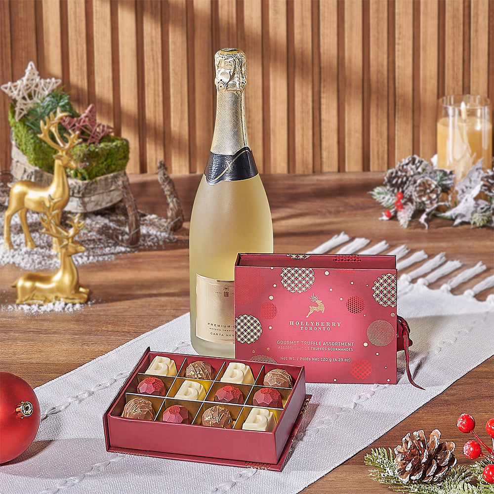 Sparkling Wine and Assorted Chocolate Basket – how the gift is presented