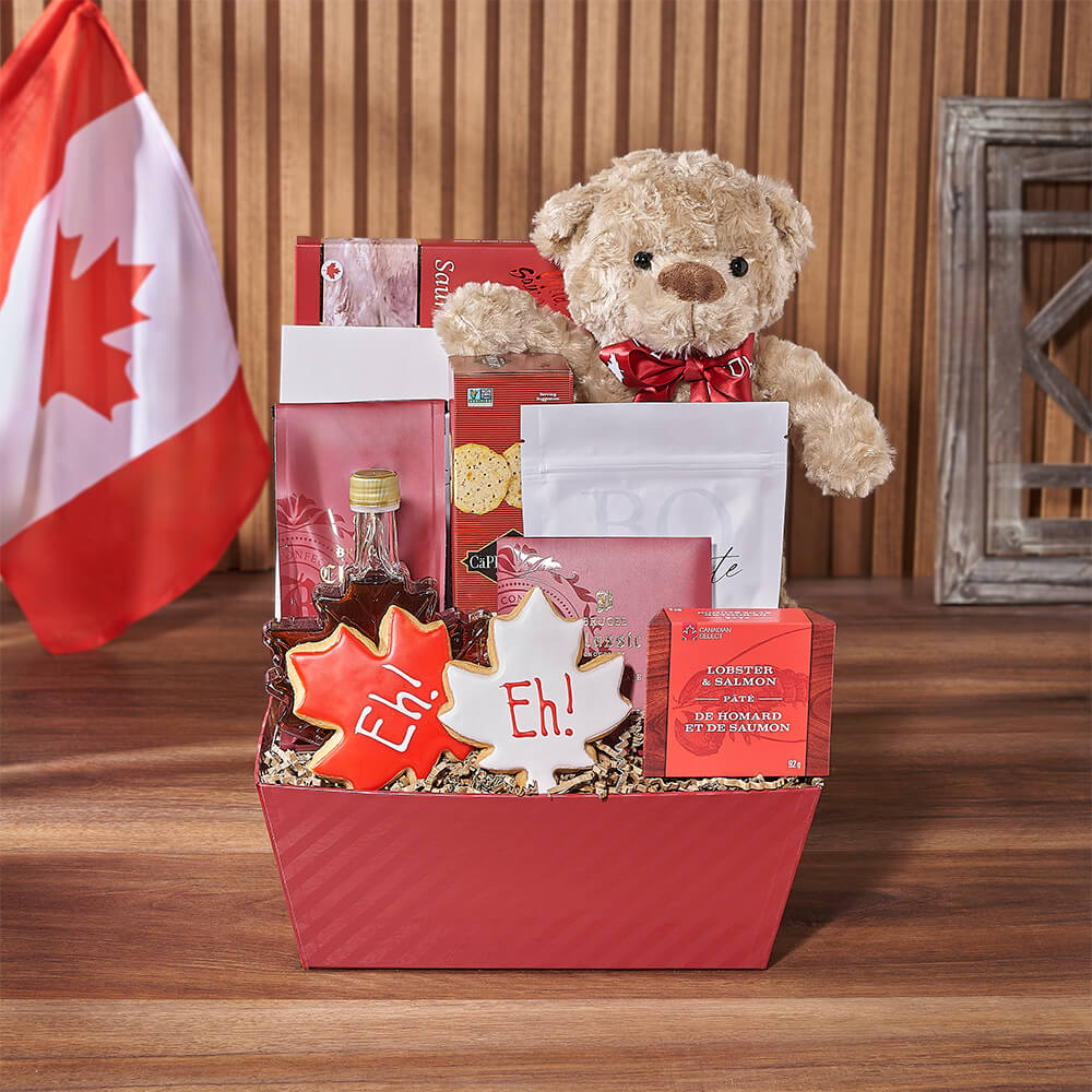 Gourmet Canada Day Snack Basket with Salmon and Chocolate – how the gift is presented