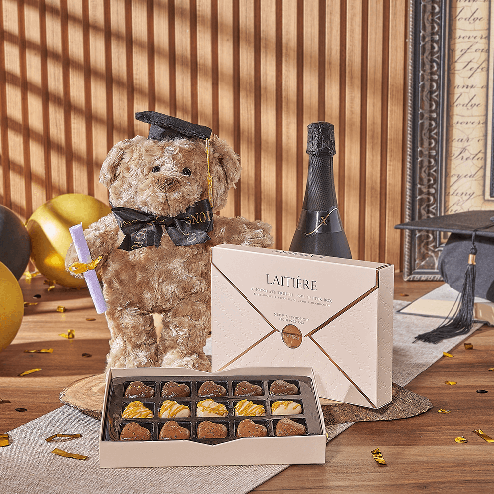 Sparkling Wine and Graduation Bear Gift – how the gift is presented