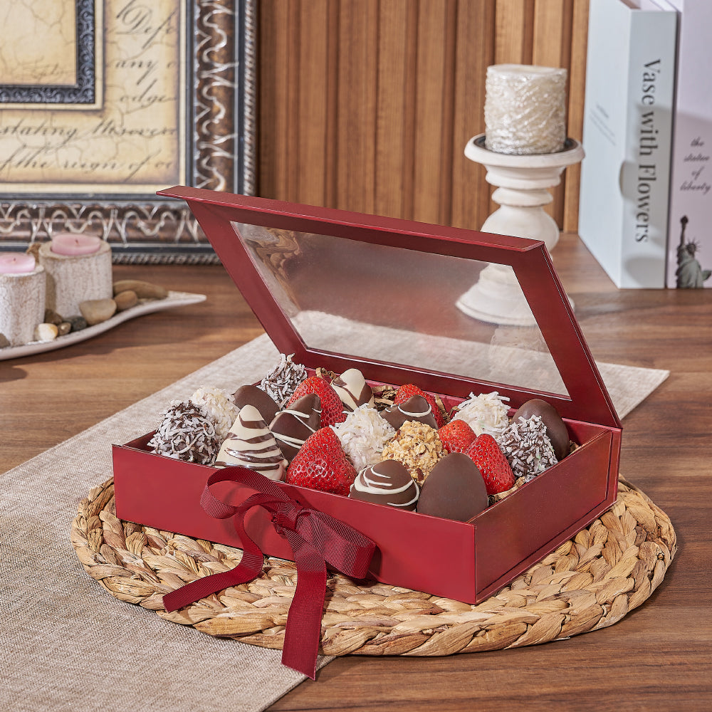 Box of 20 Chocolate Covered Strawberries in Red Windowed Gift Box – how the gift is presented