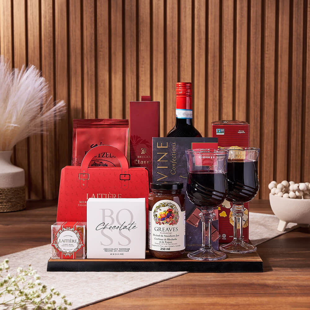 Wine Basket with Assorted Chocolates – how the gift is presented