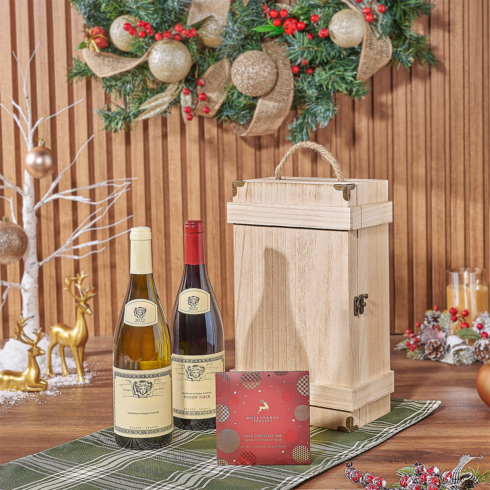 Two-Bottle Wine and Chocolate Gift Basket – how the gift is presented