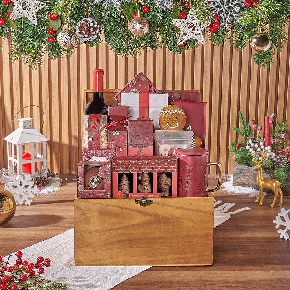 Cozy Holiday Wine Gift Basket, christmas gift, christmas, chocolate gift, chocolate, wine gift, wine, cookie gift, cookie, Vancouver delivery