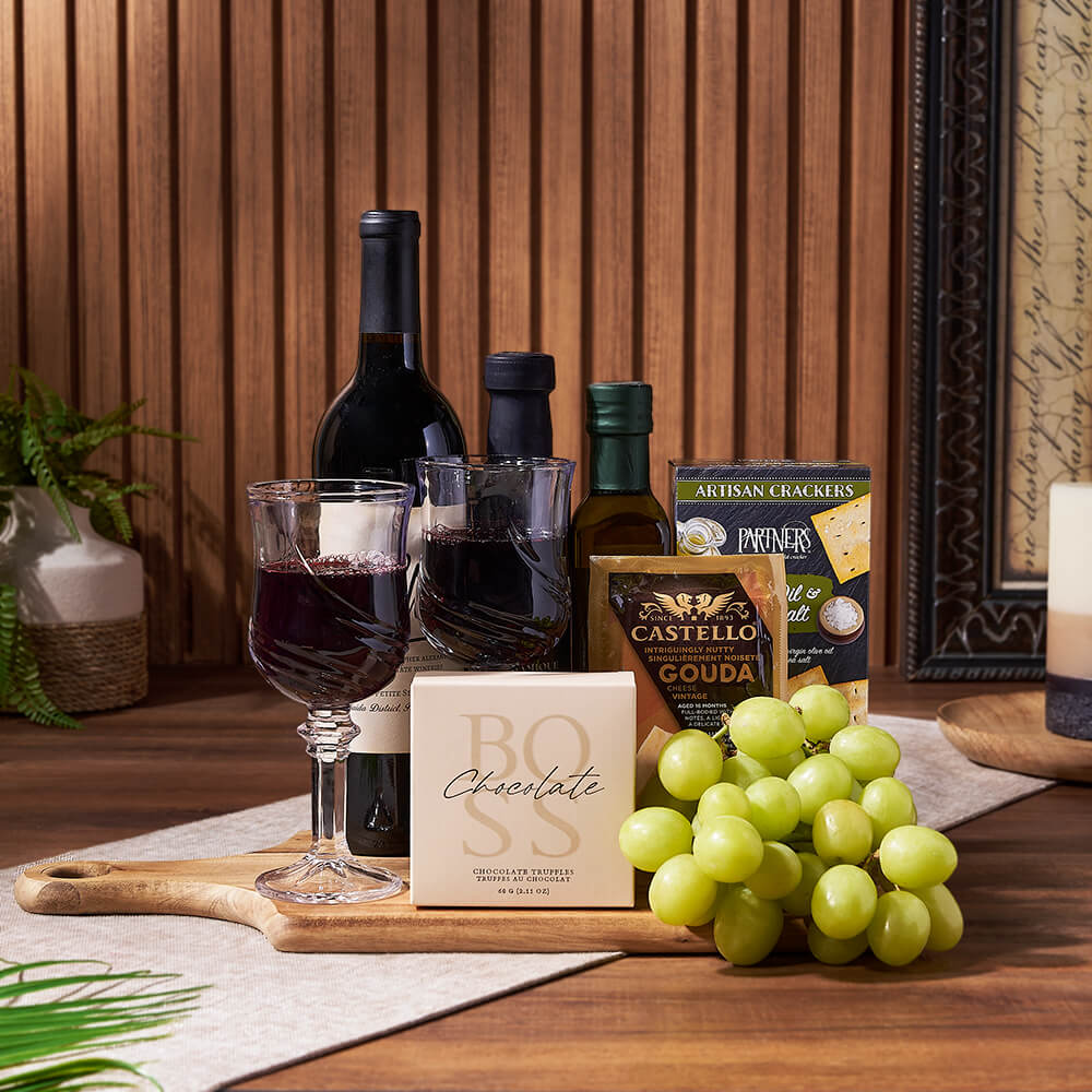 Wine Gift Basket Featuring Castello Gouda, Orsini Olive Oil, and Grapes – how the gift is presented