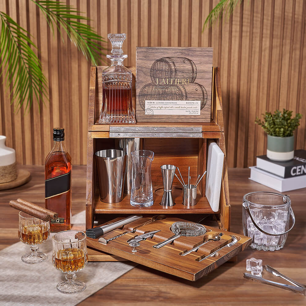Premium Whiskey Table Top Bar Gift Set with Bourbon Truffles – how the gift is presented