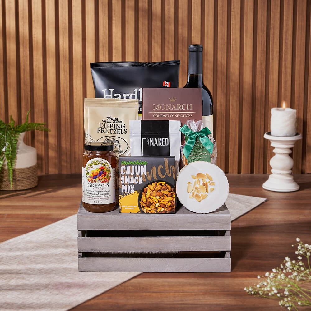 Wooden Crate Wine Gift Basket – how the gift is presented
