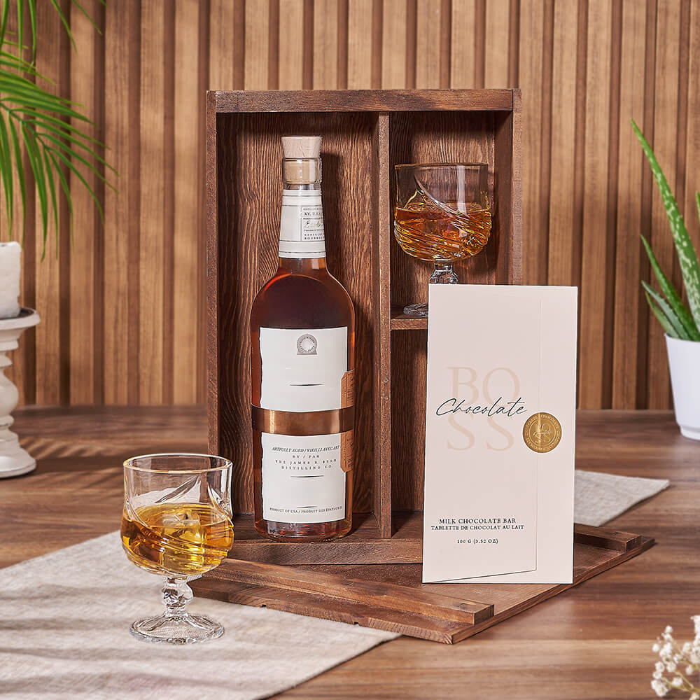 Deluxe Whiskey Gift Basket with Milk Chocolate in Wooden Decanter Box – how the gift is presented