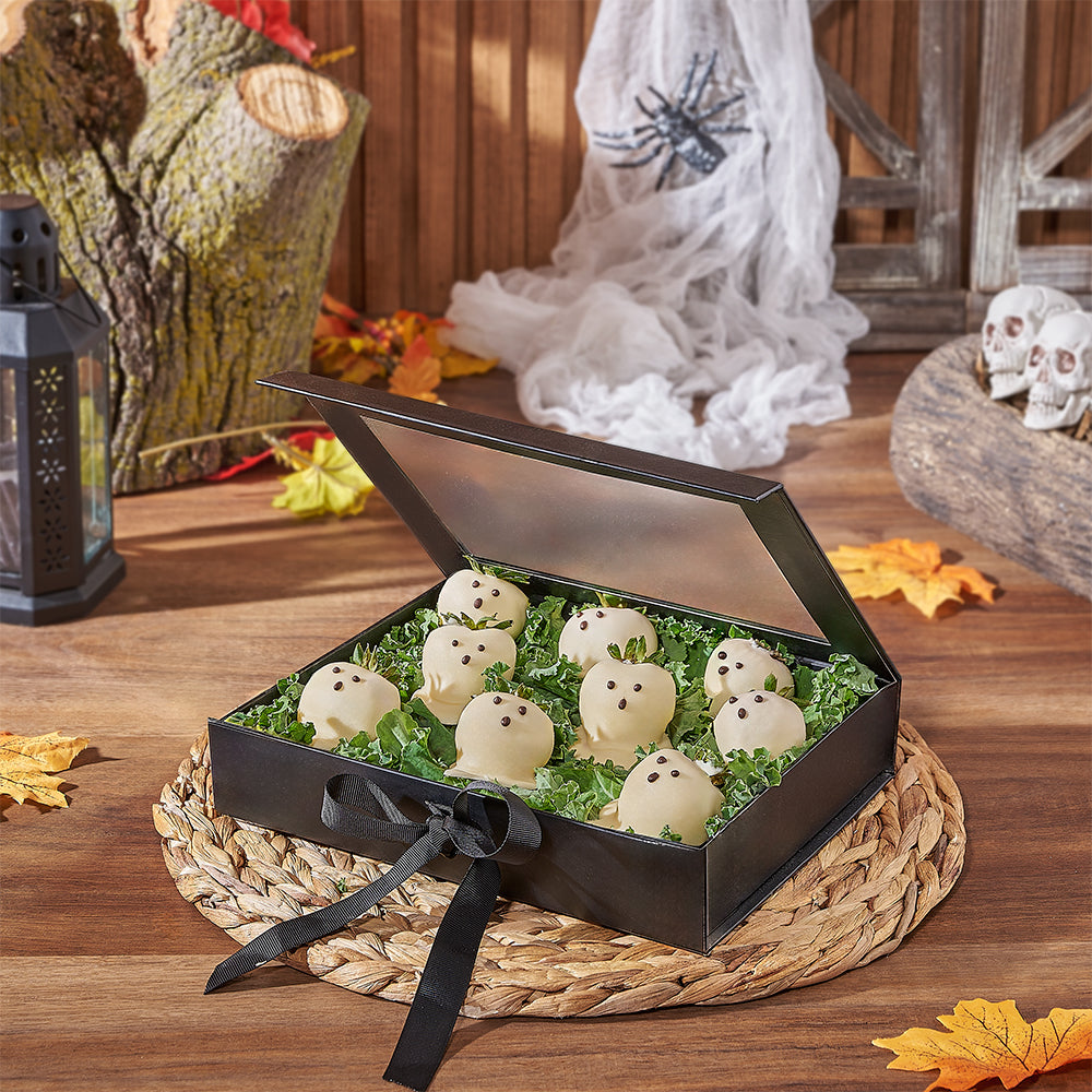 Ghostly Chocolate Dipped Strawberries, chocolate dipped strawberry gift, chocolate dipped strawberry, halloween gift, halloween, Vancouver delivery