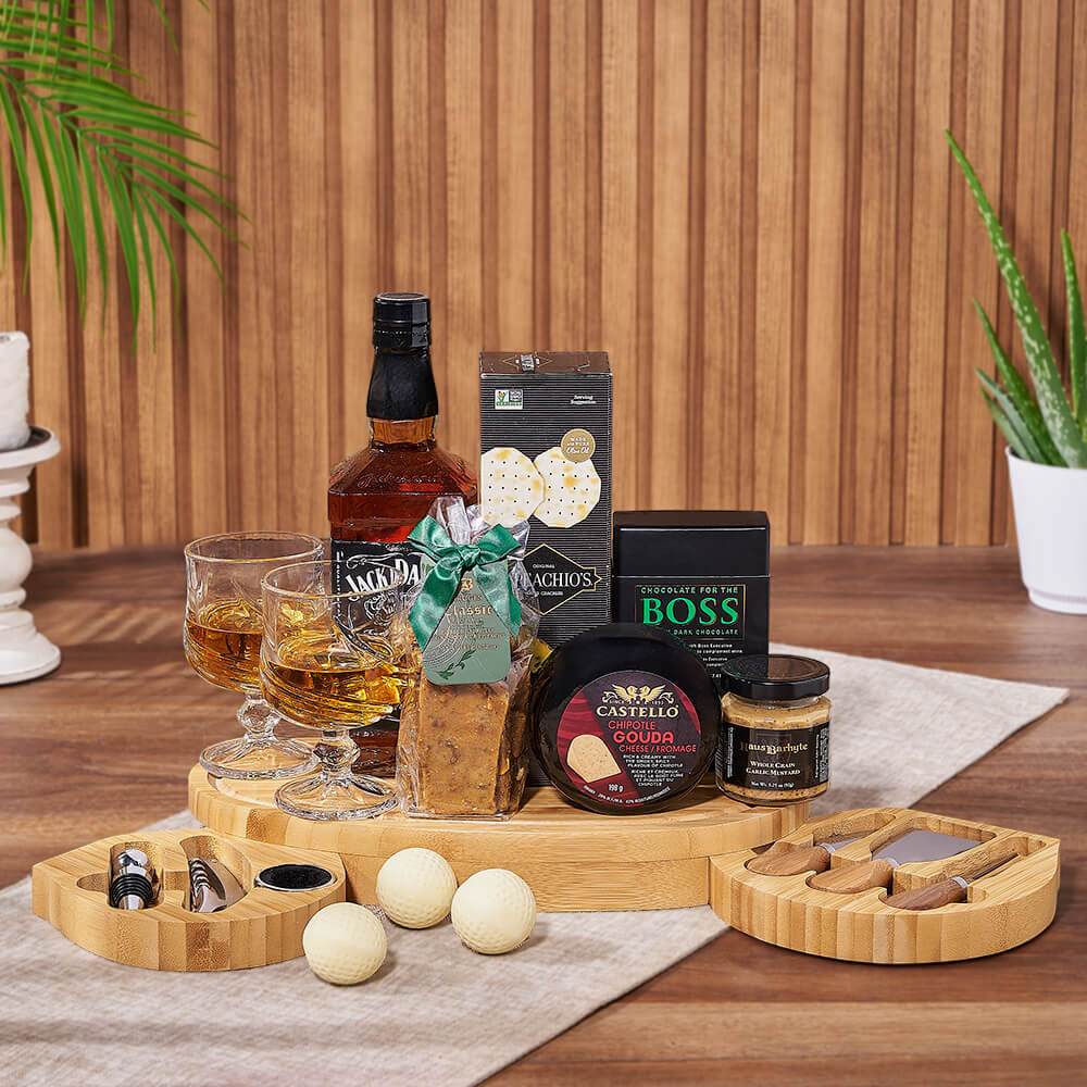Whiskey and Gourmet Cheese Gift Basket – how the gift is presented