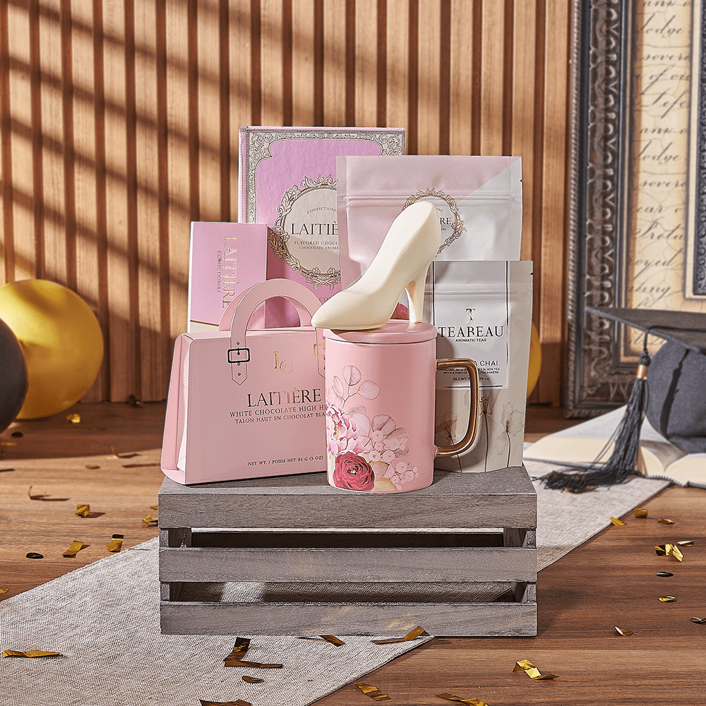 Graduation Gourmet Tea and Treats Crate – how the gift is presented