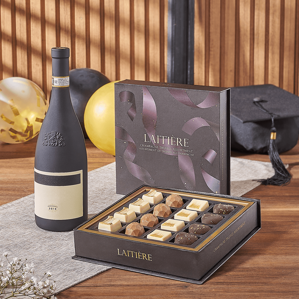 Graduation Truffles and Bottle Gift Basket – how the gift is presented