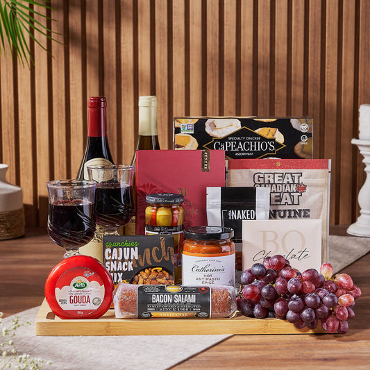 Grand Cheese & Wine Gift Basket, wine gift, wine, charcuterie gift, charcuterie, cheese gift, cheese, fruit gift, fruit, Vancouver delivery