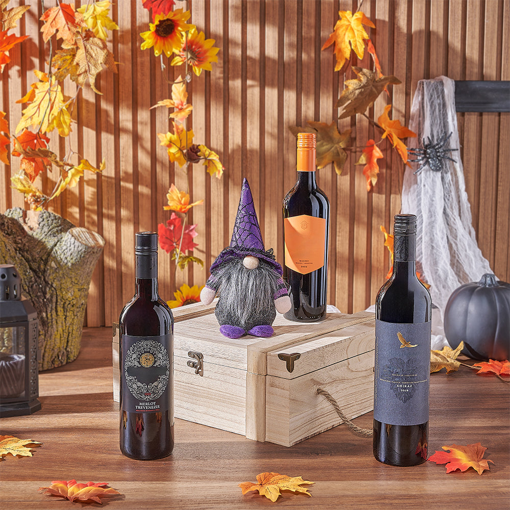 Halloween Three Bottle Wine Basket – how the gift is presented