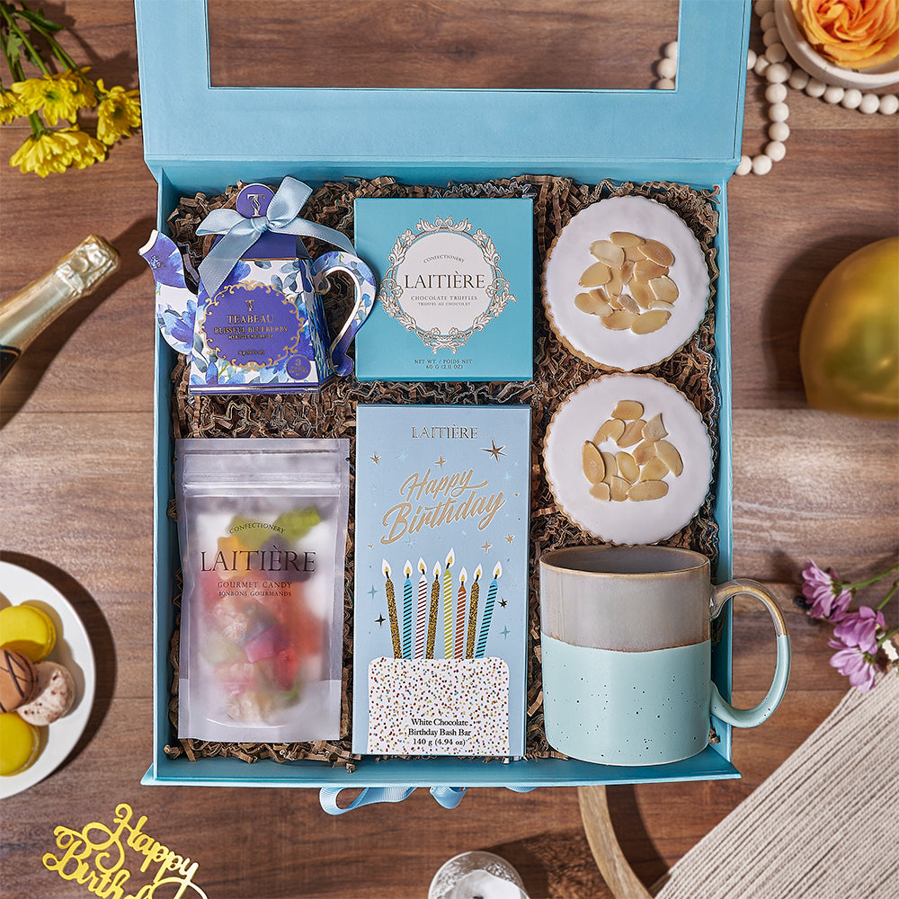 Signature Birthday Gourmet Gift Basket with Blueberry Tea and Almond Cookies – how the gift is presented