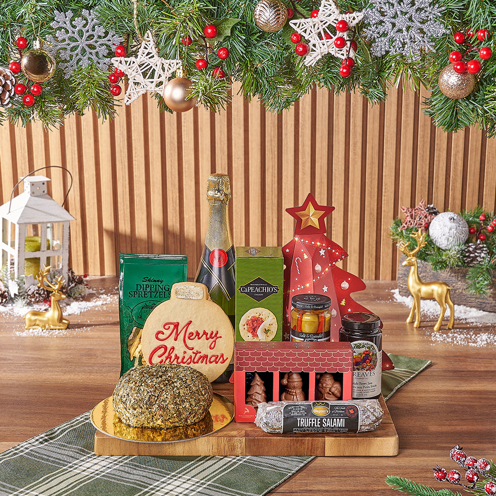Sparkling Wine Cheese Ball Gift Basket – how the gift is presented