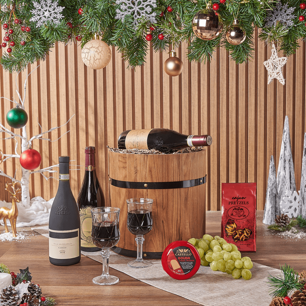 Holiday Fine Wine & Cheese Barrel, wine gift, wine, cheese gift, cheese, fruit gift, fruit, christmas gift, christmas, holiday gift, holiday, Vancouver delivery