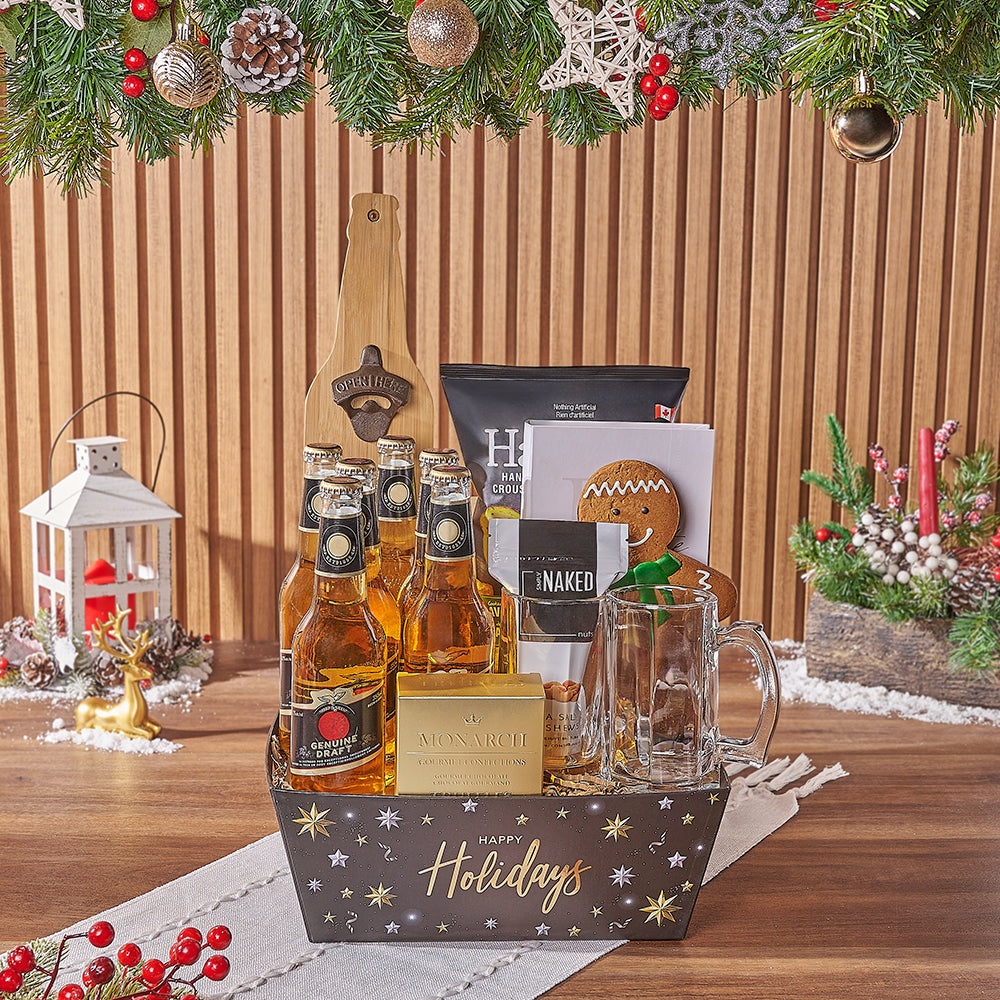 Festive Beer Gift Basket with Gourmet Chocolates and Nuts – how the gift is presented