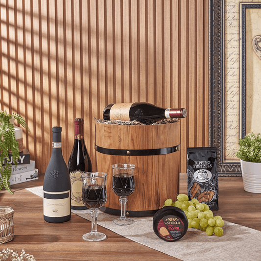 Lovely Wine Cheese Barrel - Table Wines, wine gift, wine, fruit gift, fruit, cheese gift, cheese, Vancouver delivery