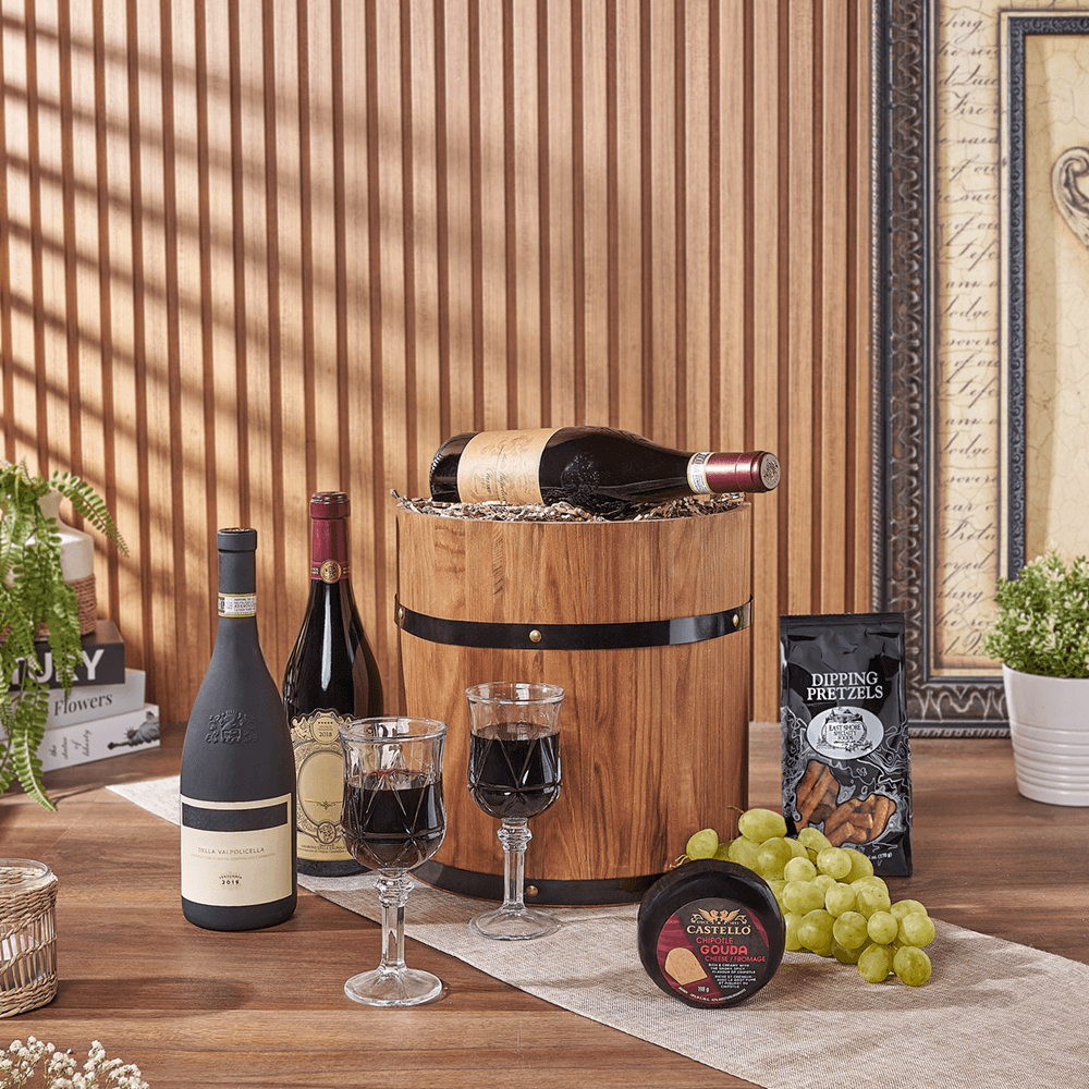 Lovely Wine Cheese Barrel - Vintage Premium Wines, wine gift, wine, fruit gift, fruit, cheese gift, cheese, Vancouver delivery
