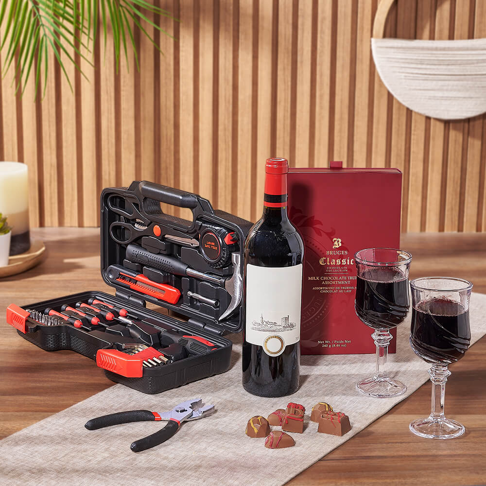 Practical Wine & Tool Gift, wine gift, wine, tool gift, tools, chocolate gift, chocolate, Vancouver delivery