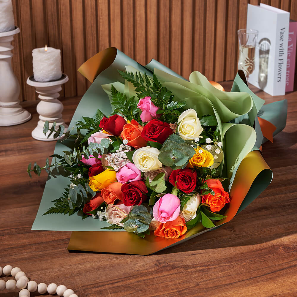 Multicolored Rose and Baby's Breath Bouquet with Designer Ribbon – how the gift is presented