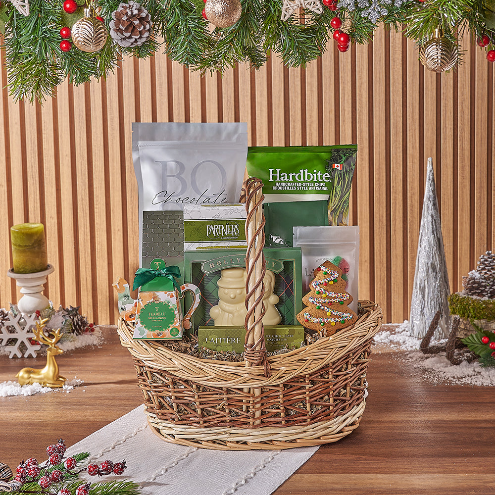 Holiday Two-Tone Medium Basket with Premium Gourmet Snacks – how the gift is presented