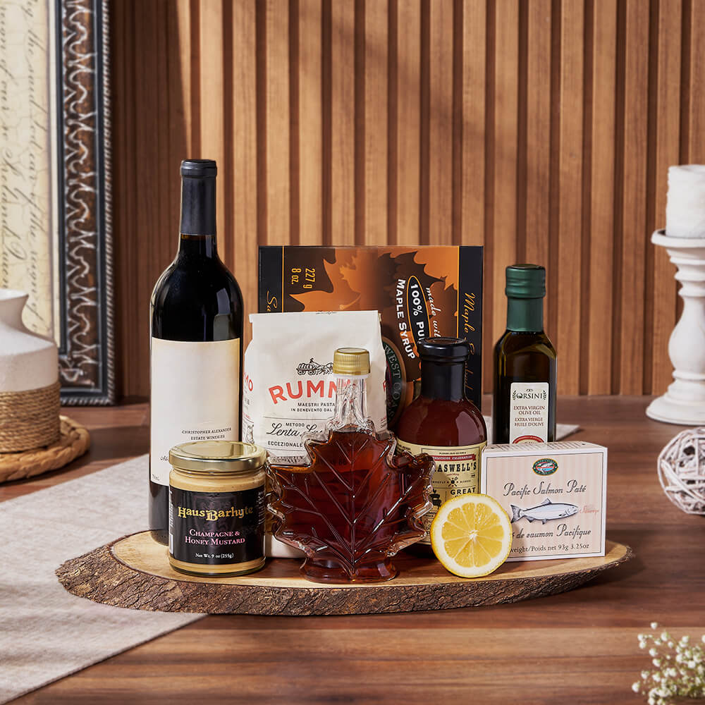 Wine Gift Basket with Maple Smoked Salmon and Rummo Pasta – how the gift is presented