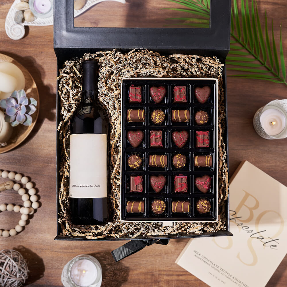 Classic Wine and BOSS Milk Chocolate Truffles Gift Basket – how the gift is presented