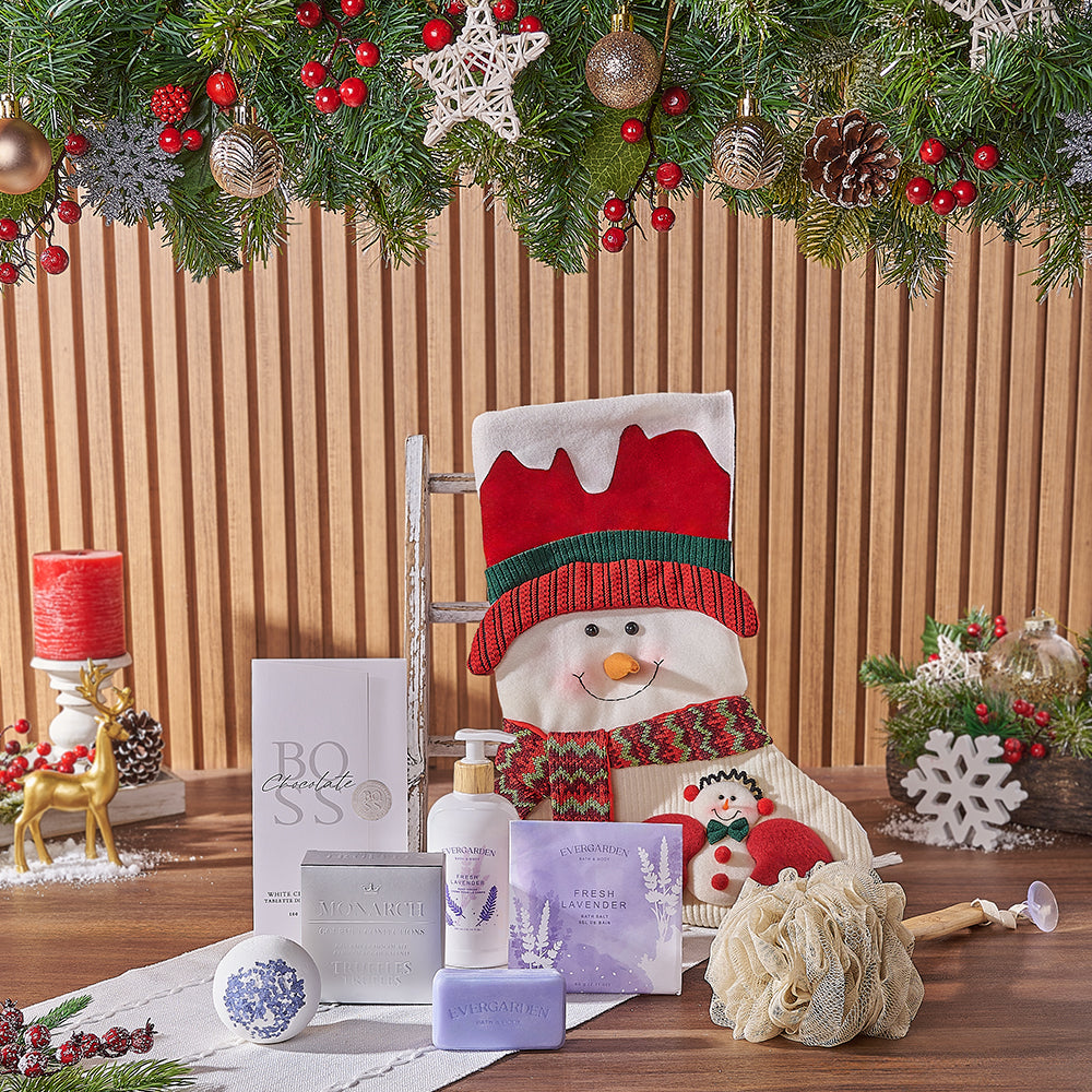 Festive Snowman Stocking with Evergarden Lavender Spa and Chocolates – how the gift is presented