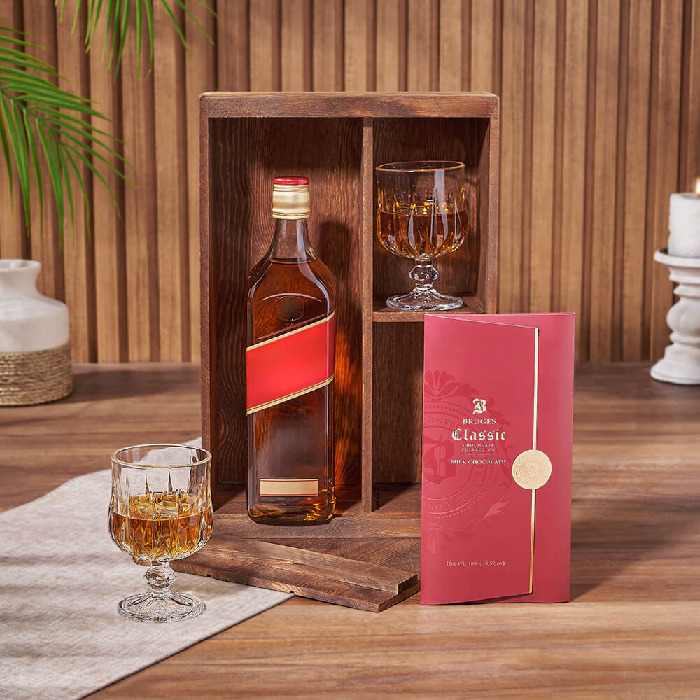Whiskey and Bruges Chocolate Gift Basket – how the gift is presented