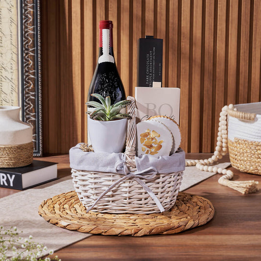 Sweet Succulent & Wine Gift Basket, wine gift, wine, chocolate gift, chocolate, plant gift, plant, Vancouver delivery