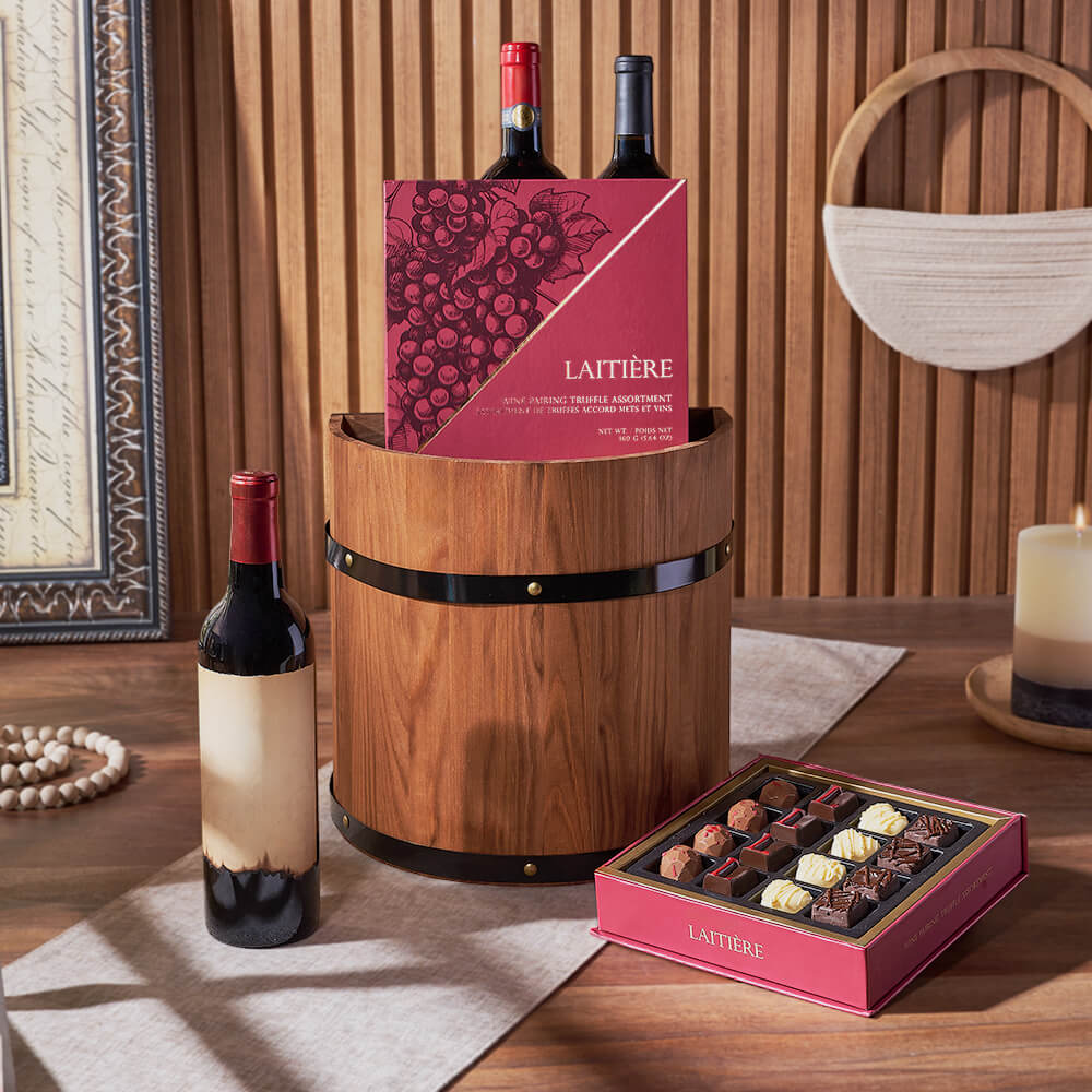 Three Bottle Wine and Truffle Basket – how the gift is presented