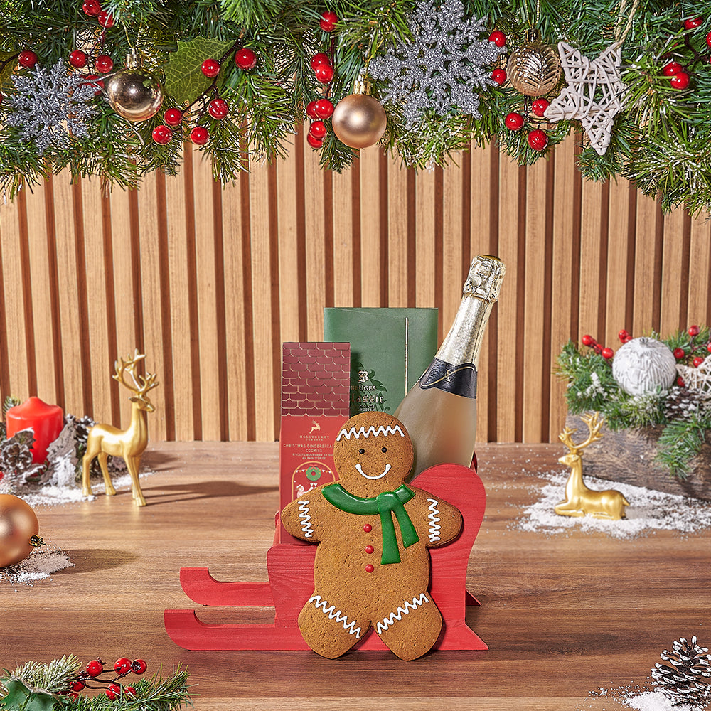 Festive Sparkling Wine Gift in Red Wooden Sled Basket – how the gift is presented