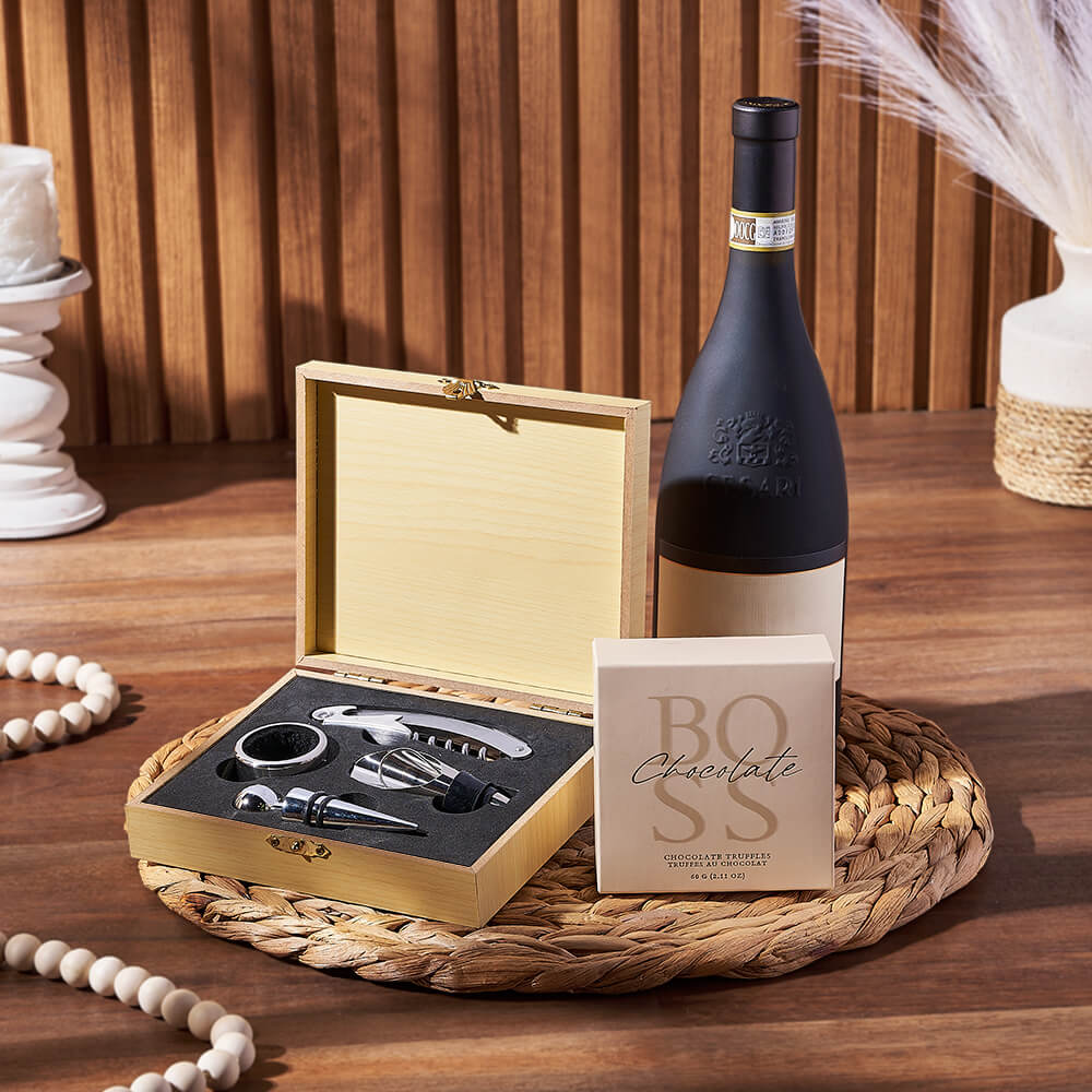 Wine Gift Basket Featuring Boss Chocolate Truffles and Wine Tools – how the gift is presented