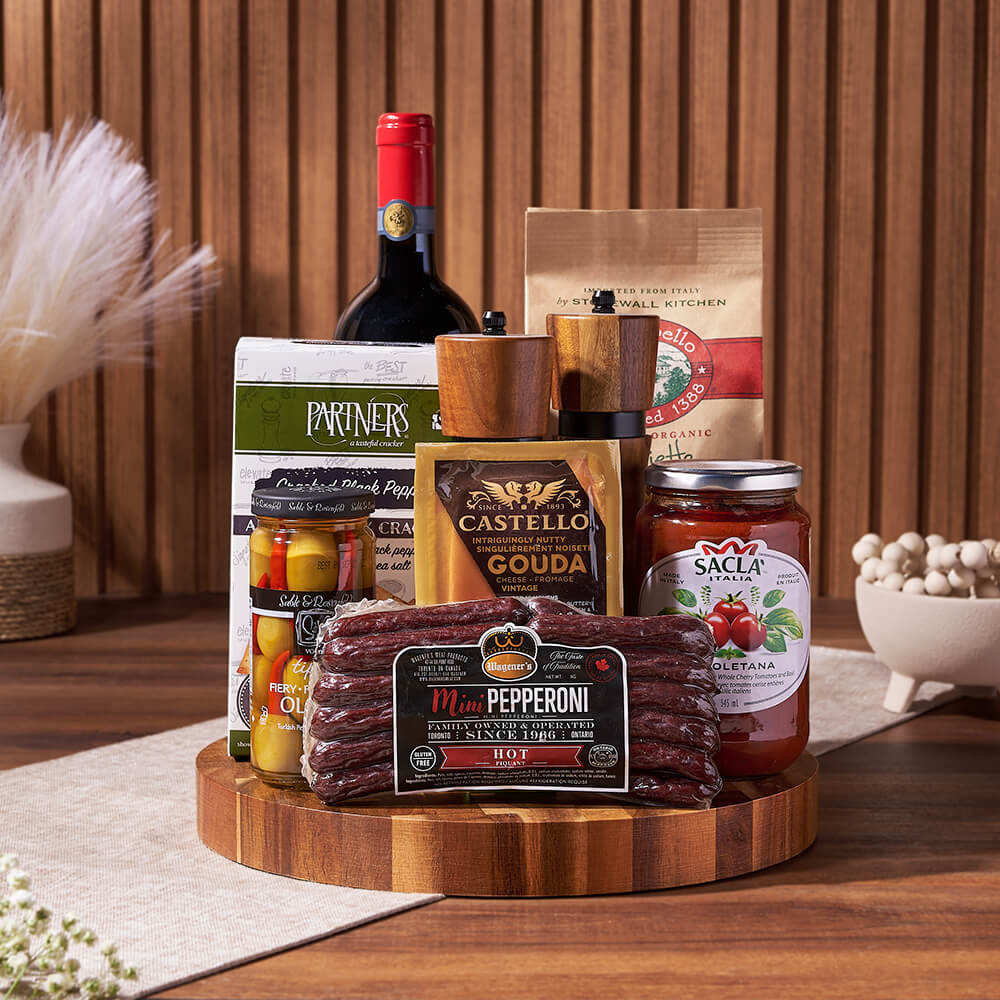 Wine Gift Basket with Spicy Olives – how the gift is presented