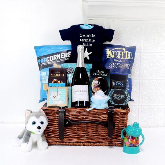Champagne and Baby Gifts Basket – how the gift is presented