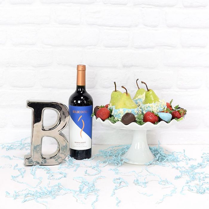 Baby Shower Wine and Fruit Basket – how the gift is presented