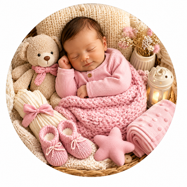 First Wardrobe — baby girl gift direction, illustrative; contents vary