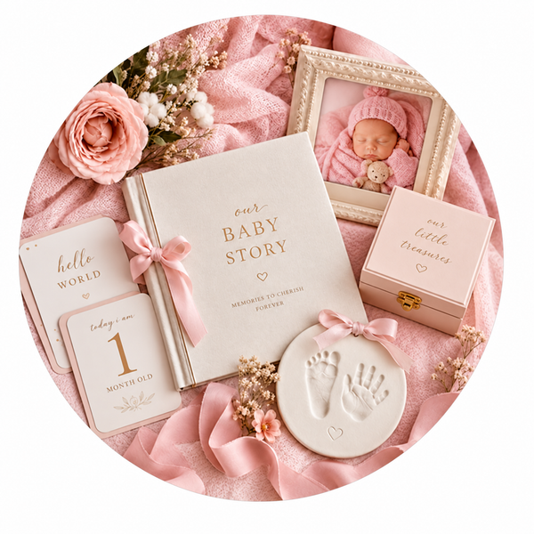 First Moments Bundle — baby girl gift direction, illustrative; contents vary