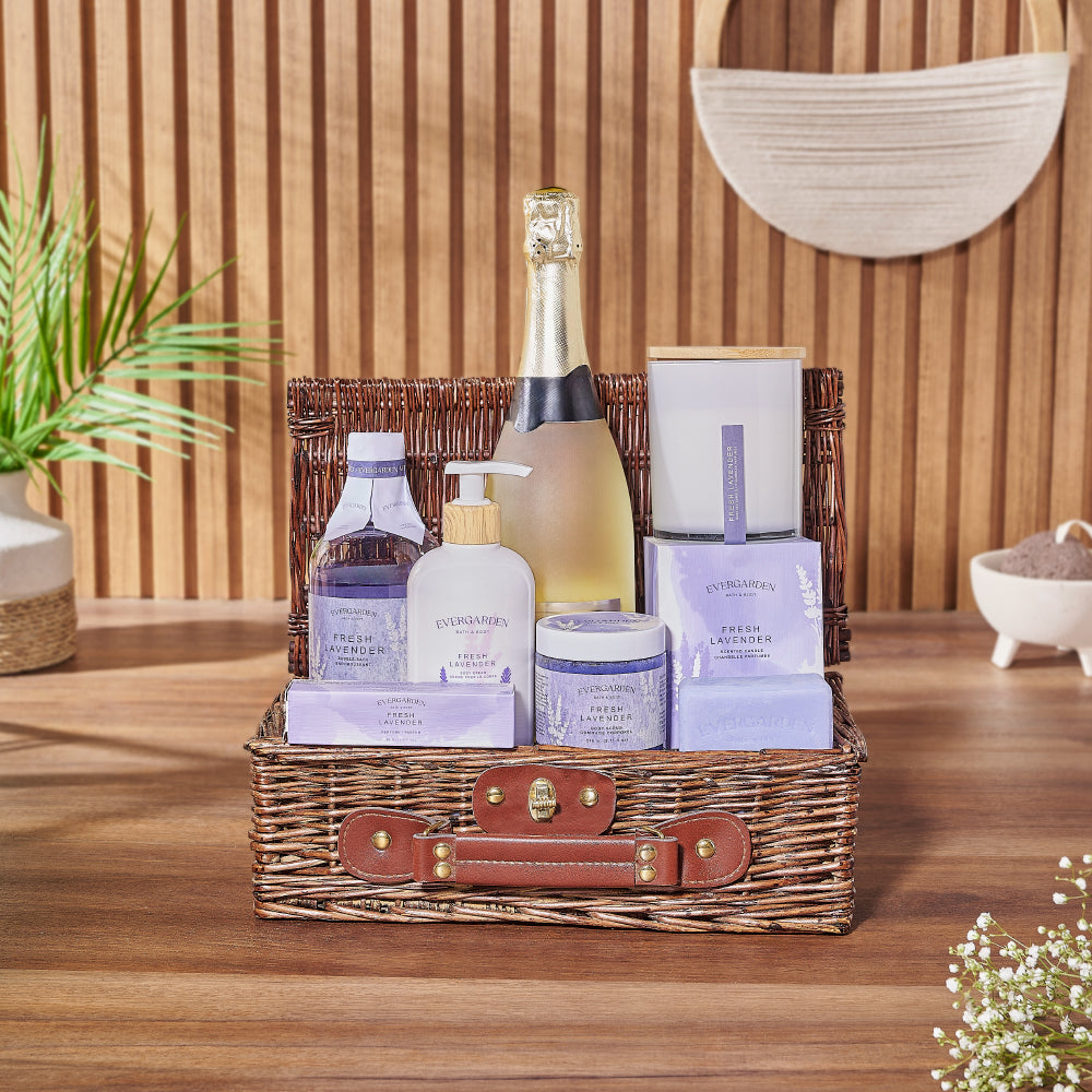 Elegant Sparkling Wine Basket Featuring Lavender and Spa Essentials – how the gift is presented