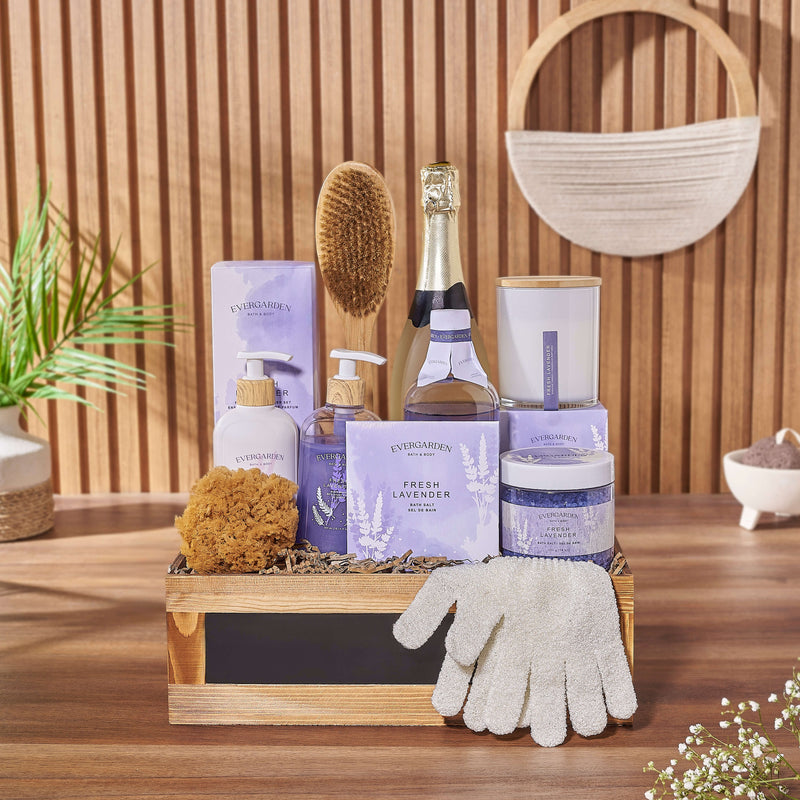 A luxurious spa experience, the Deluxe Lavender & Champagne Spa Gift Set from is a lavish affair, Vancouver delivery 