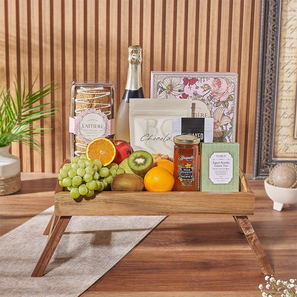 A delightful treat, the Fruits &amp; Champagne Gift Set makes a charming gift for any celebration! Packed with fresh fruits, buttery cookies, decadent chocolates, and crunchy snacks, it's the perfect way to convey your best wishes, Vancouver delivery 